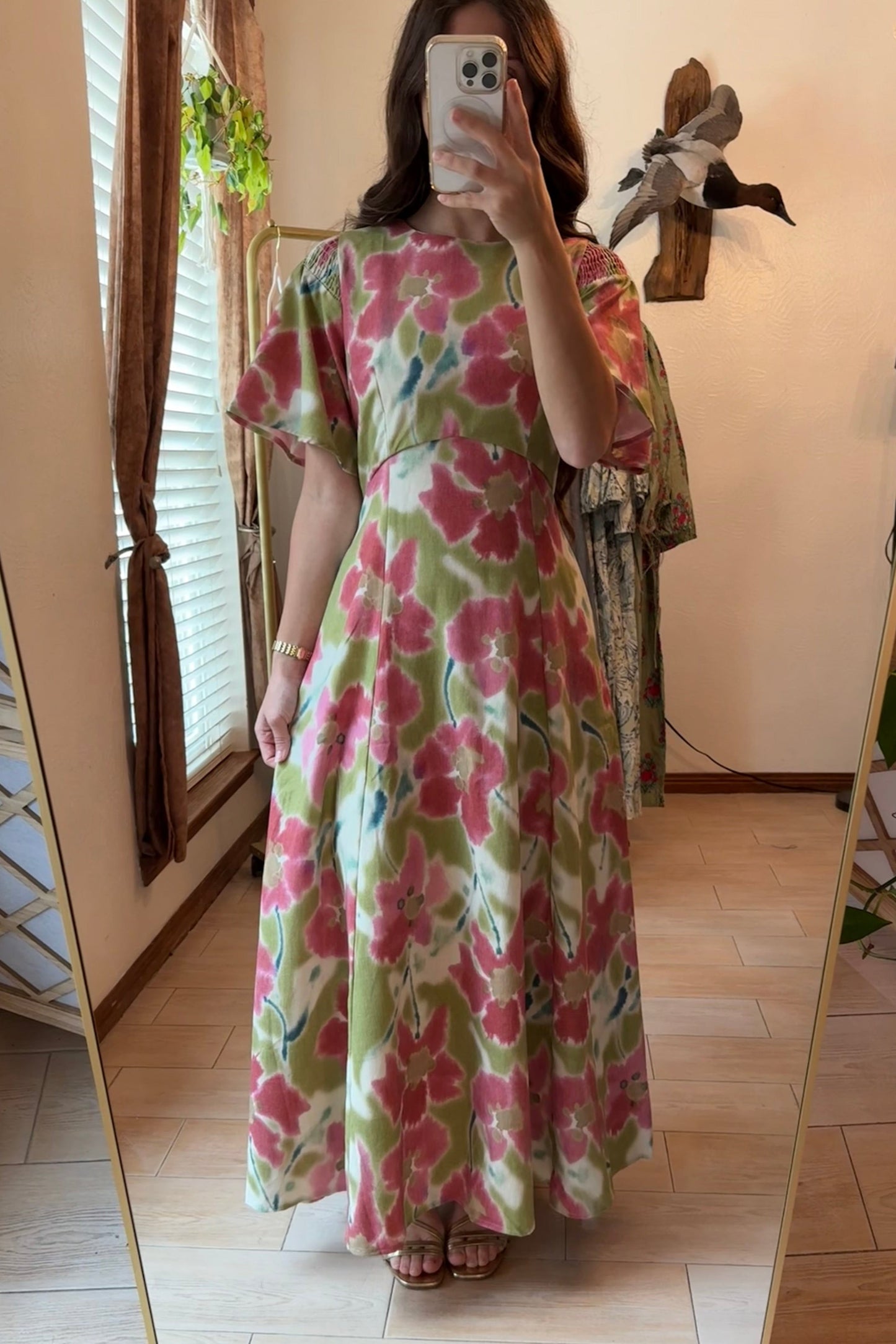 Floral Print Smocked Shoulder Midi Dress